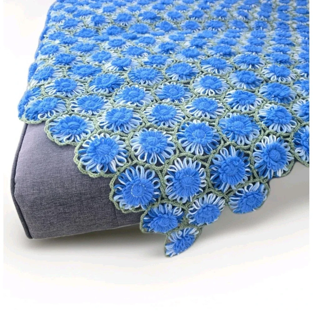 Vtg Hand Crocheted Granny Raised Floral Afghan Blanket Blue Green Large Throw